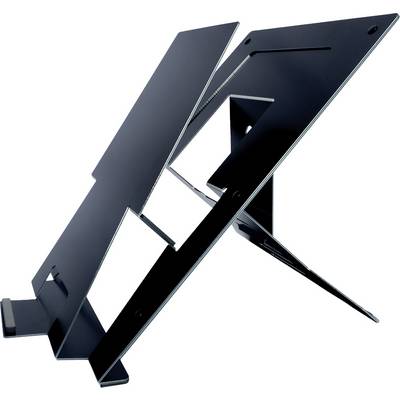 Ein schlanker, schwarzer Laptop-Ständer in einem modernen, minimalistischen Design, geeignet zum Erhöhen der Bildschirmposition.
