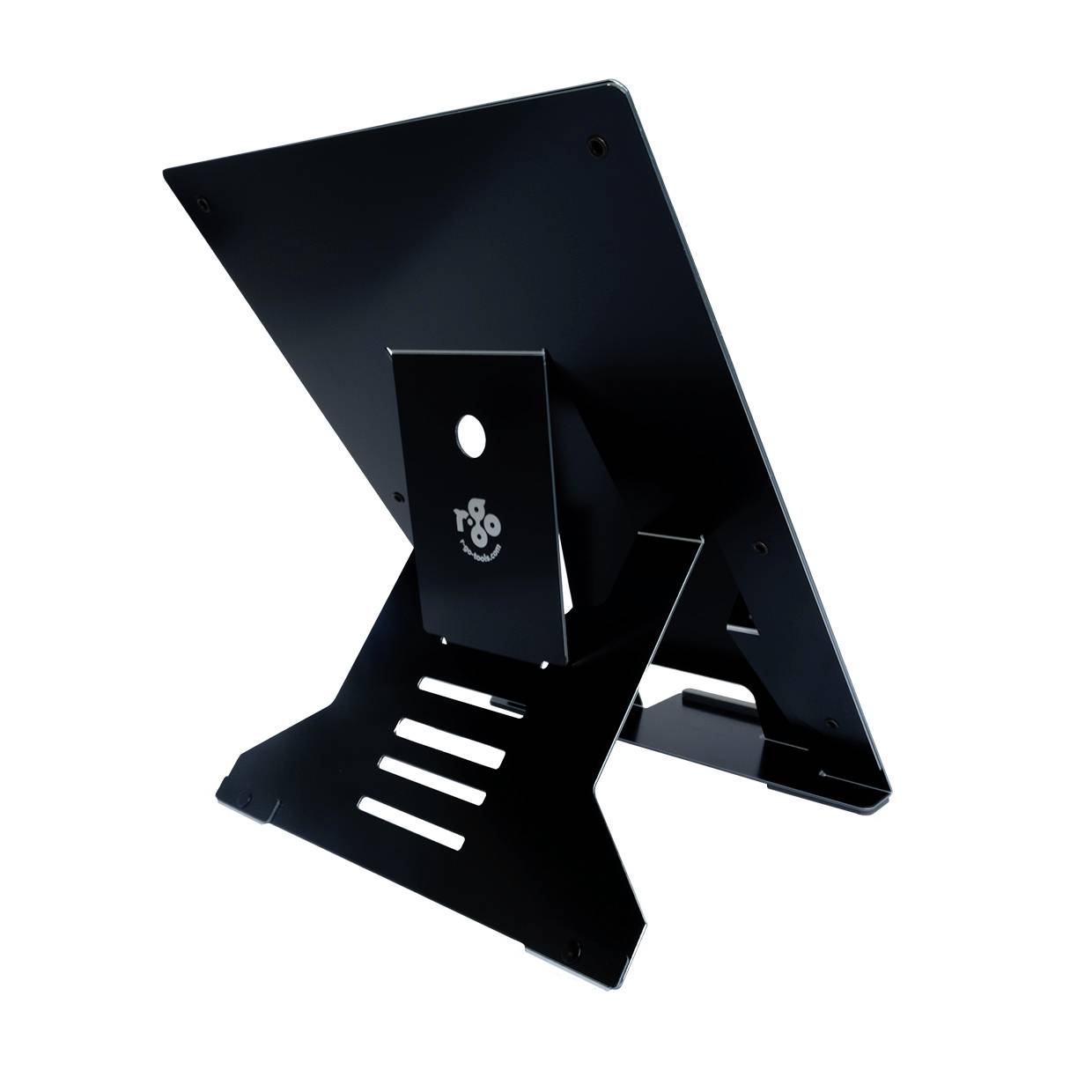 Ein schwarzer Ständer aus Metall für einen Monitor, mit einem stabilen Sockel und schrägem Design zur besseren Bildschirmpositionierung.