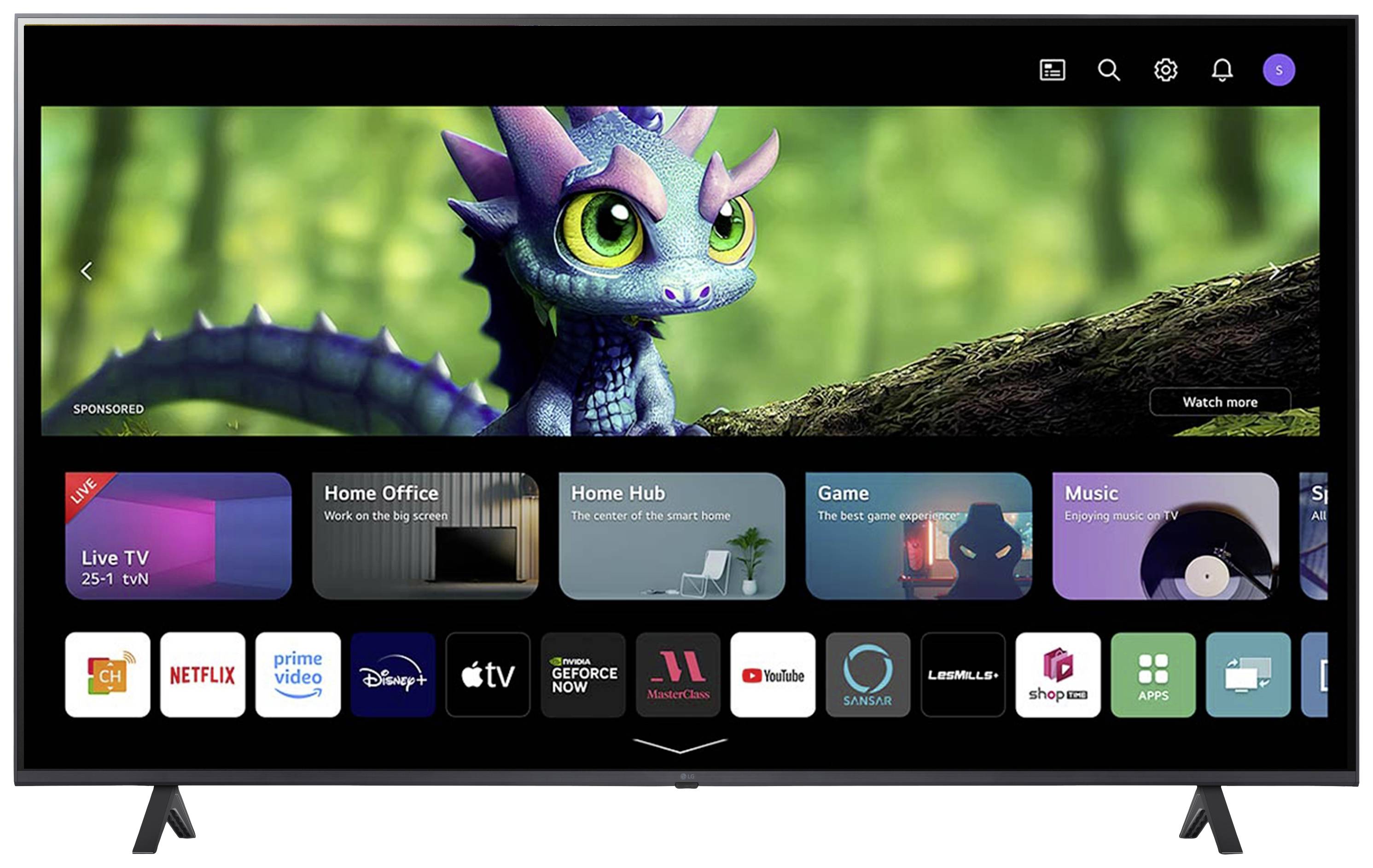 Ein Fernseher zeigt eine Benutzeroberfläche mit verschiedenen Apps unten, einschließlich Streaming-Diensten, und einem animierten Drachen im Hintergrund.
