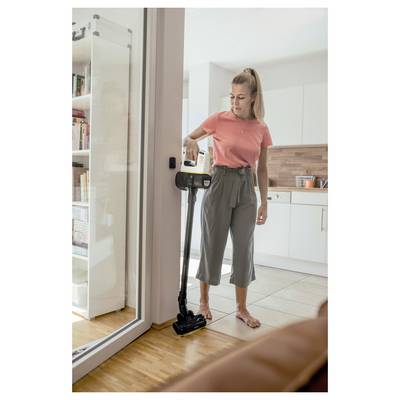 Person in einem rosa Hemd, die ein Wohnzimmer mit einem Handstaubsauger reinigt. Heller Innenraum, Küche im Hintergrund.
