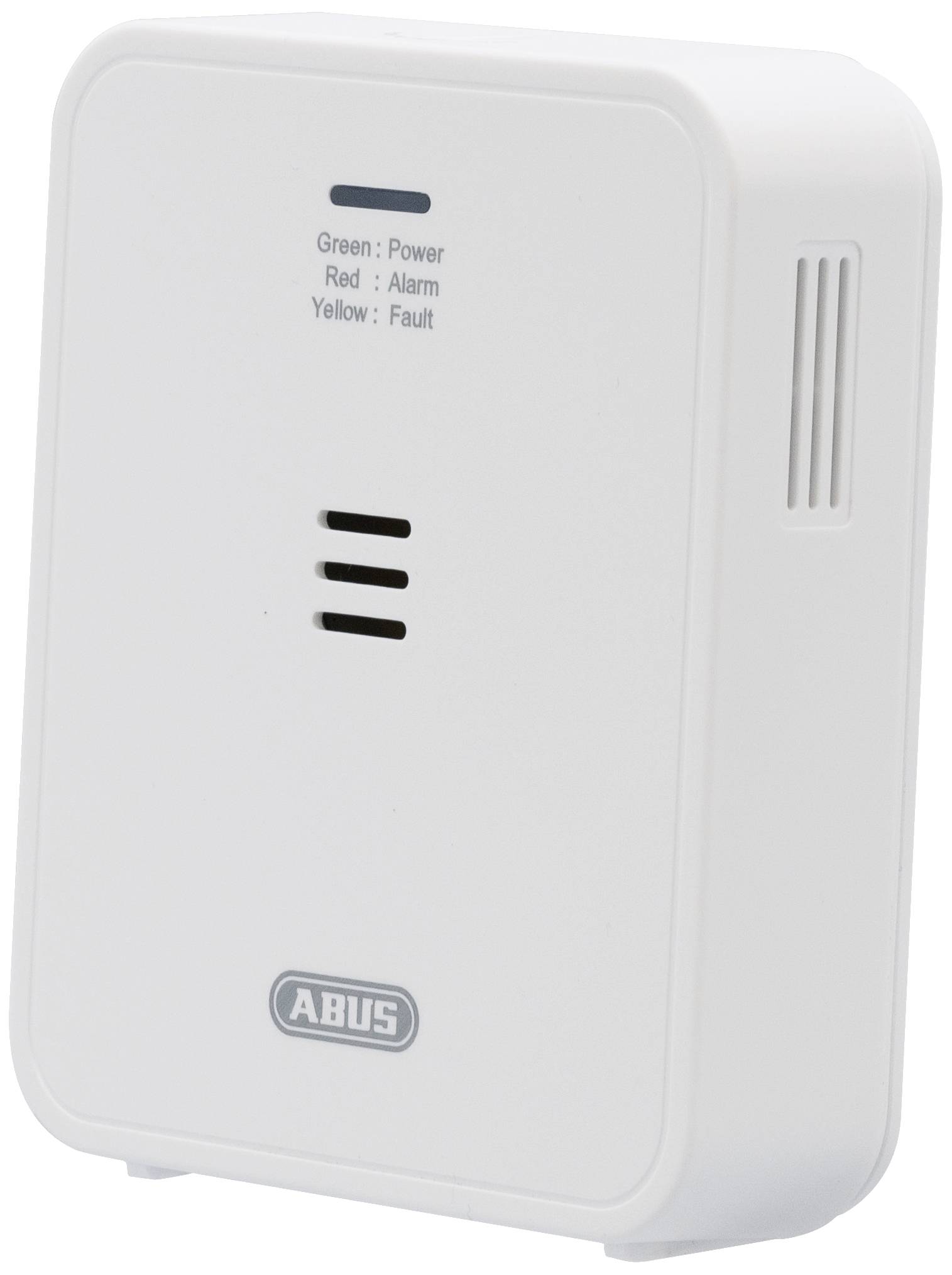 Ein weißer elektronischer Detektor mit LED-Anzeigen für 'Power', 'Alarm' und 'Fault'. Gerät der Marke mit Lüftungsschlitzen an der Seite.