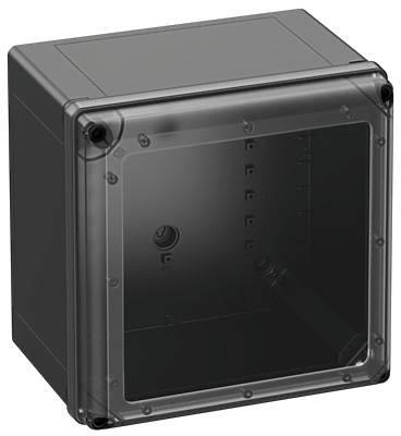 Ein rechteckiger, schwarzer Kunststoffkasten mit transparenter Frontabdeckung. Verwendet zur sicheren Aufbewahrung von elektrischen Komponenten.