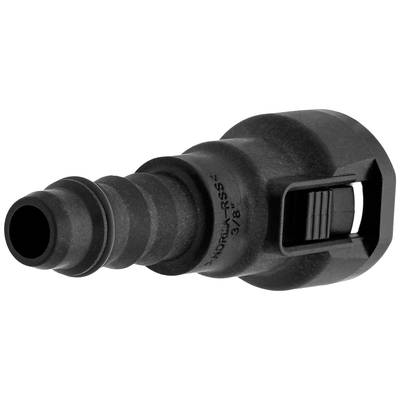 Kunststoff-Schlauchverbinder, schwarz, mit gerippter Oberfläche und integriertem Verriegelungsmechanismus, eignet sich für Rohrsysteme.
