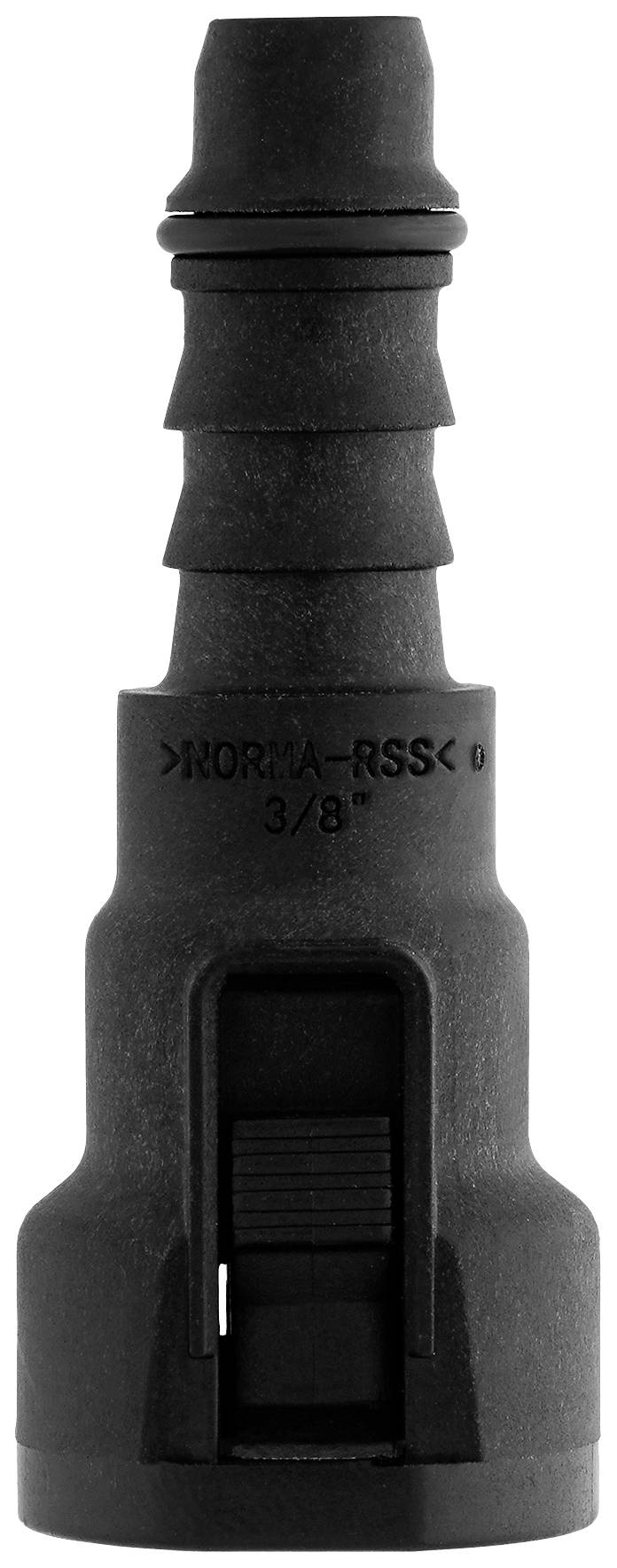 Ein schwarzer Schlauchverbinder mit dem Aufdruck 'NORMA-RSS 3/8', der ein geriffeltes Design und einen integrierten Riegelmechanismus aufweist.