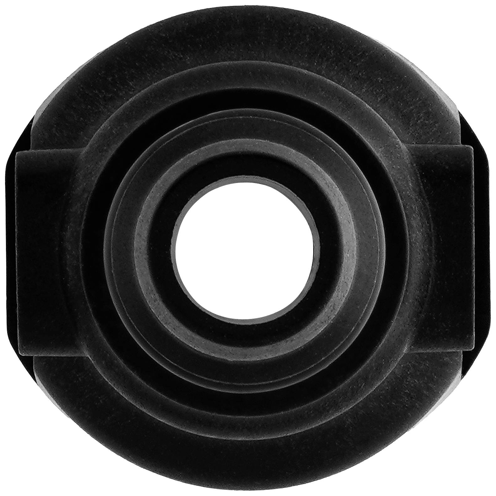 Eine schwarze, runde mechanische Komponente mit mehreren konzentrischen Kreisen und einem zentralen Loch in der Mitte.