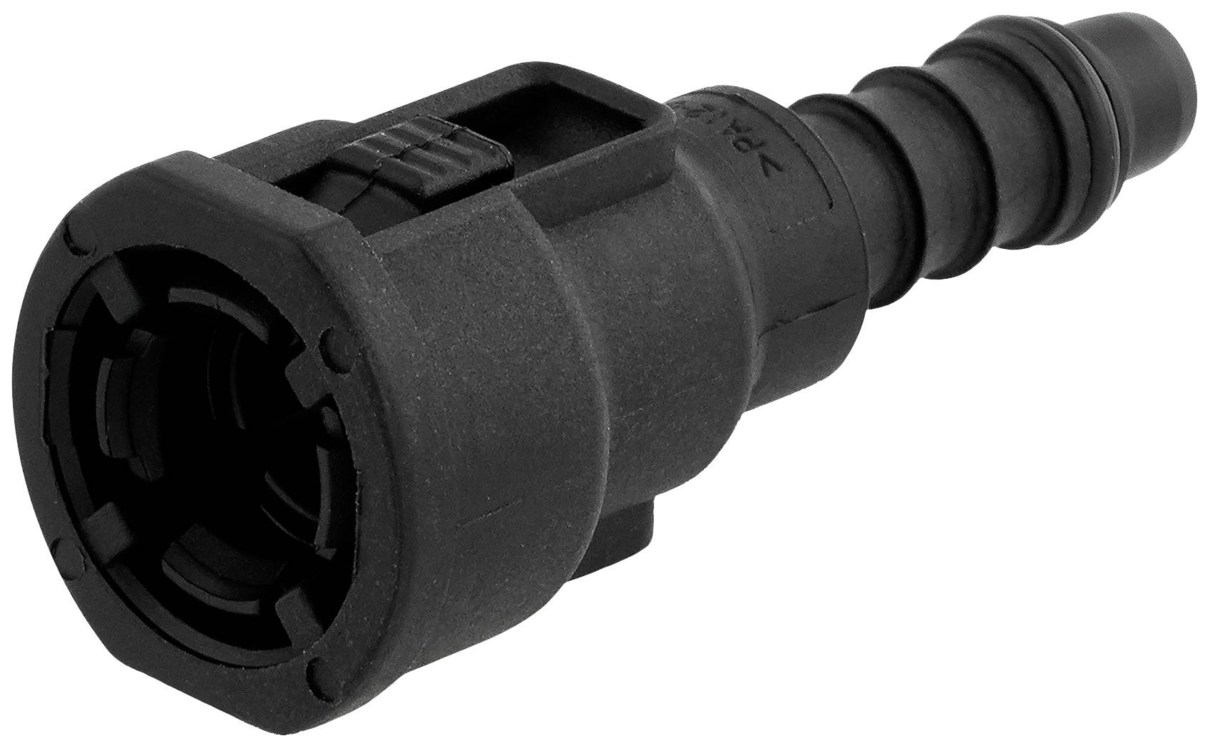 Schwarzer Kunststoffverbinder mit geripptem Anschluss, vermutlich ein Automobil- oder Maschinenbauteil, seitlich abgebildet.