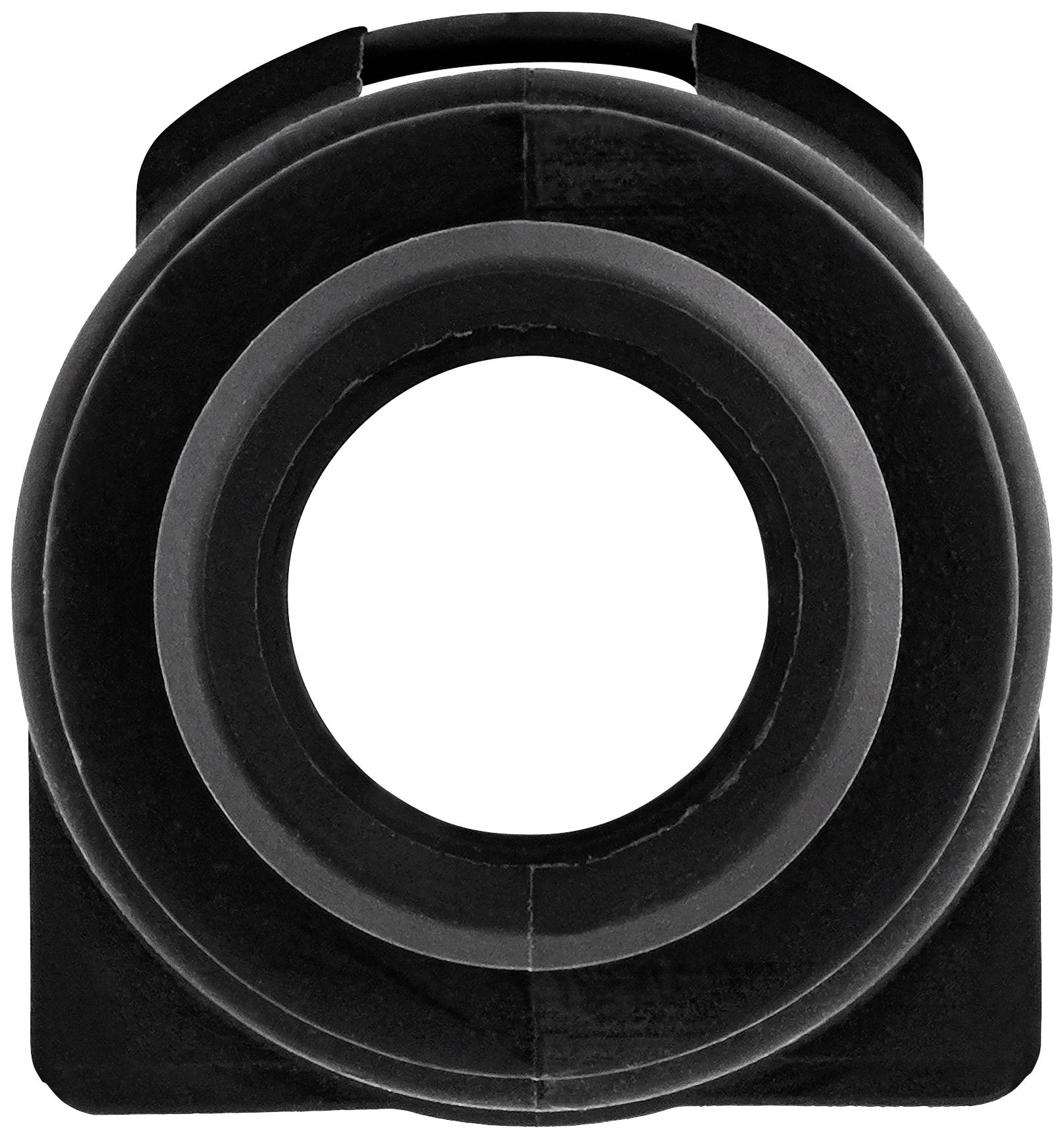 Ein schwarzes, kreisförmiges, modern gestaltetes Objekt mit einem zentralen Loch, das von mehreren konzentrischen Kreisen umgeben ist.