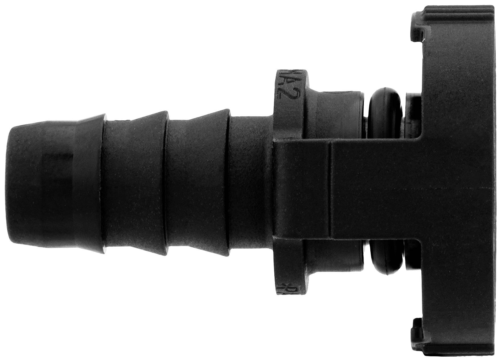 Ein schwarzes Kunststoffanschlussstück mit Stufen, geeignet für Schläuche oder Rohre, von der Seite betrachtet.