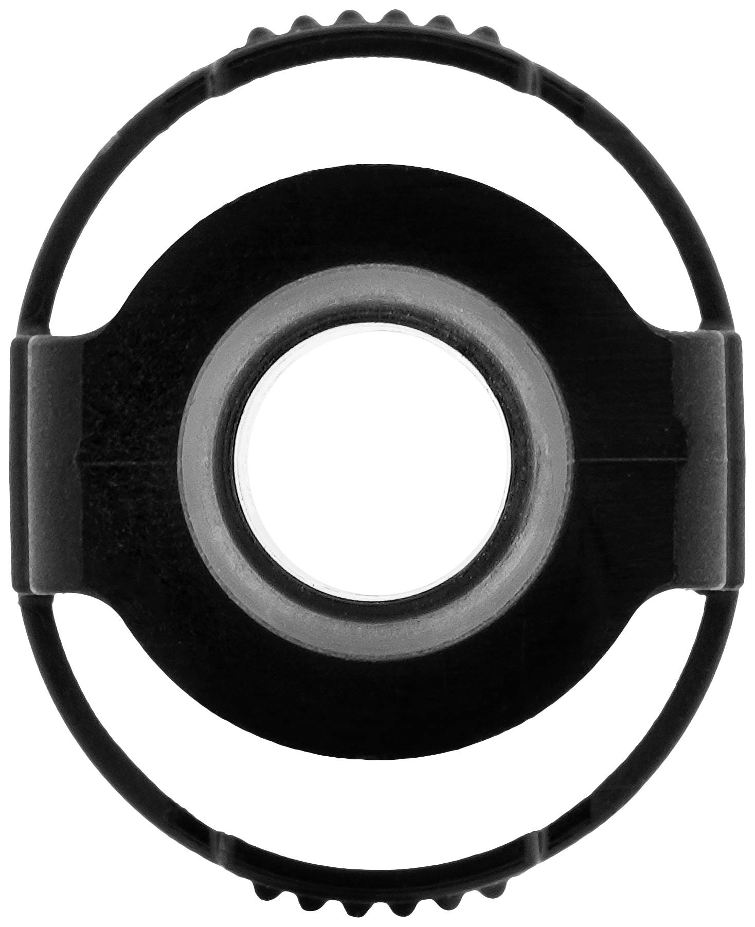 Ein schwarzes, rundes Metallteil mit einem großen, zentralen Loch und gerippten Kanten, vermutlich ein Teil eines mechanischen Geräts.