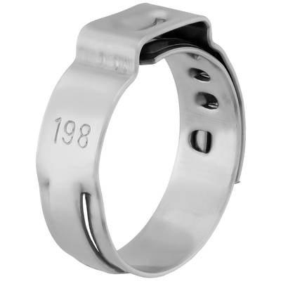 Ein silberner Metallring mit der eingravierten Zahl '198'. Der Ring wirkt industriell und könnte für Kennzeichnungszwecke verwendet werden.