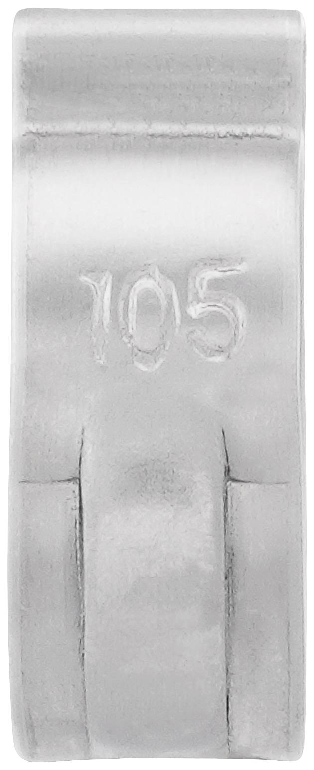 Eine silberne Metallklemme mit der eingravierten Zahl '105' auf der Oberseite.
