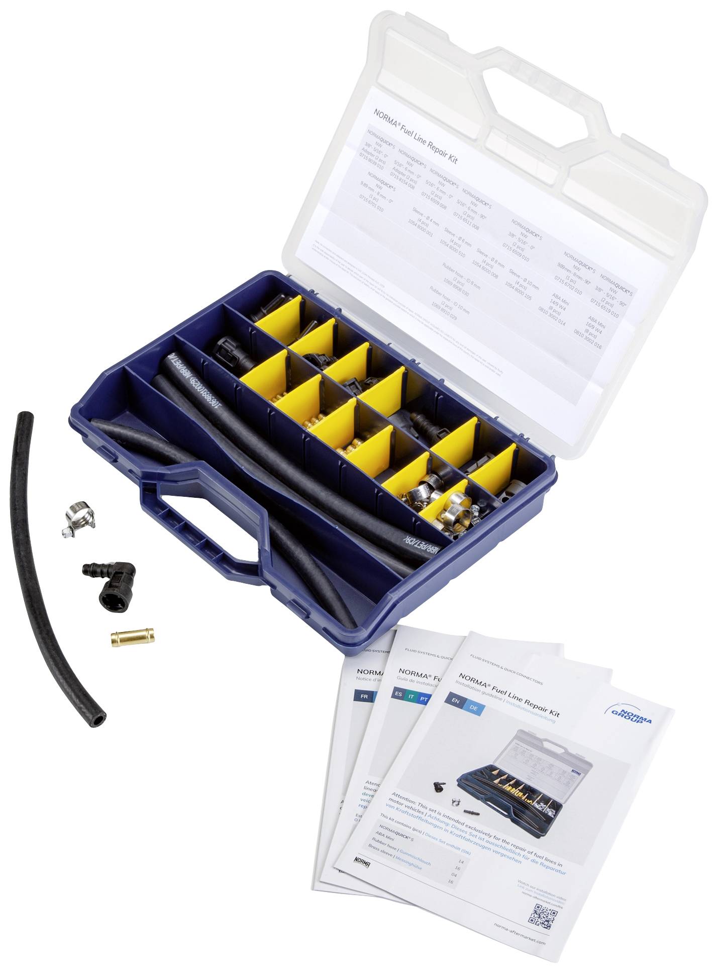 Werkzeugkoffer mit gelben Fächern, enthält Rohrzubehör und Broschüren.