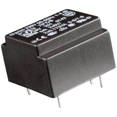 Ein schwarzer elektrischer Transformator mit weißen Beschriftungen auf der Oberseite, zeigt Eingangsspannung 230V, 50-60Hz und CE-Symbole.
