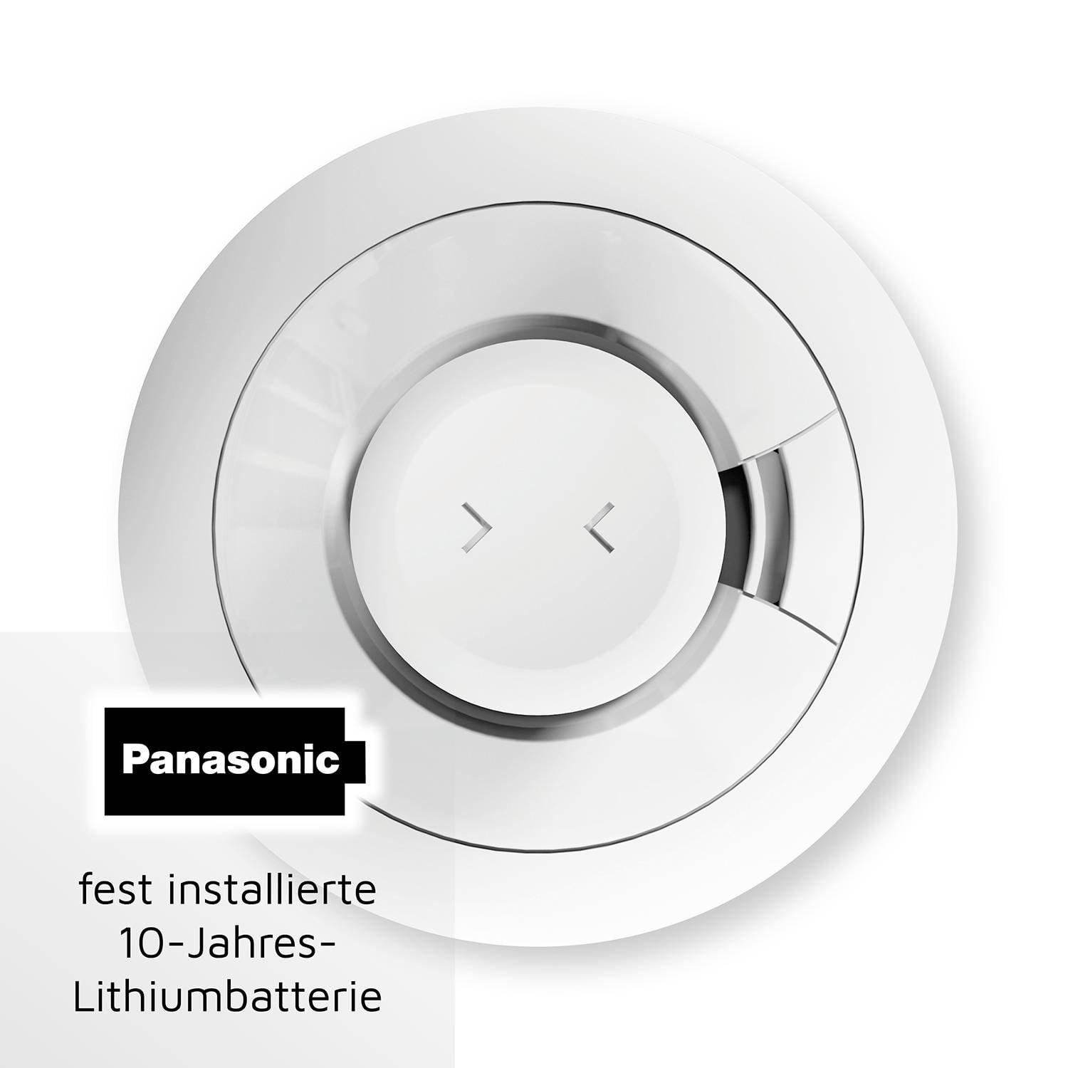 Runder Rauchmelder mit 'Panasonic'-Logo. Beschriftung: fest installierte 10-Jahres-Lithiumbatterie.