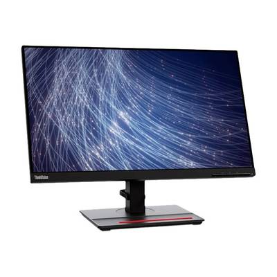 Ein Computerbildschirm mit leuchtenden blauen und weißen Liniendesign auf dem Display. Der Monitor hat einen schmalen Rahmen und ist auf einem schwarzen Standfuß montiert.