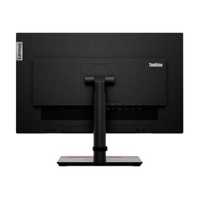 Rückansicht eines schwarzen Lenovo-Monitors aus der ThinkVision-Serie, mit Fokus auf den verstellbaren Standfuß und die Anschlüsse.