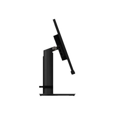 Seitenansicht eines schwarzen Computermonitors mit verstellbarem Standfuß, der nach vorne geneigt ist.