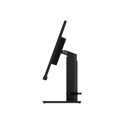 Ein schwarzer Computermonitor seitlich gezeigt, auf einem verstellbaren Ständer.