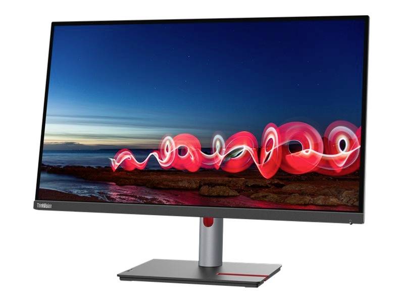 Ein moderner Computermonitor zeigt ein lebhaftes, abstraktes Lichtkunstbild mit roten, wirbelnden Formen vor einem blauen Himmel.