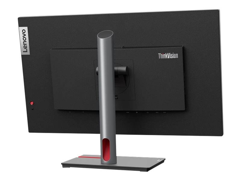 Ein Lenovo ThinkVision Monitor, von hinten gezeigt, mit schlankem grauem Standfuß und markanter roter Akzentfarbe.
