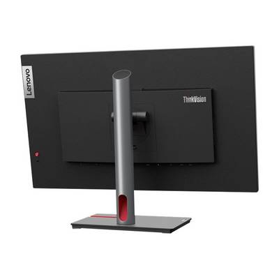 Ein Lenovo ThinkVision Monitor, von hinten gezeigt, mit schlankem grauem Standfuß und markanter roter Akzentfarbe.