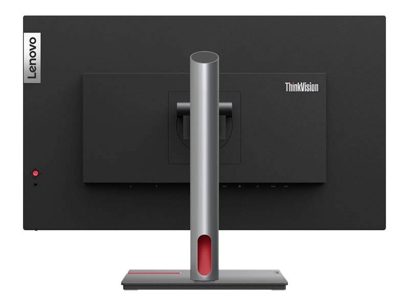 'Lenovo ThinkVision Monitor von hinten, schwarze Rückseite mit grauem Standfuß und rotem Detail. Markenlogos sichtbar.'
