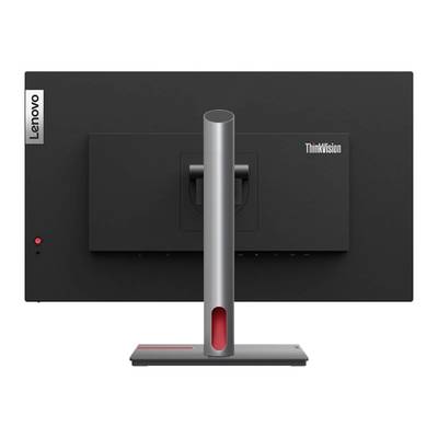 'Lenovo ThinkVision Monitor von hinten, schwarze Rückseite mit grauem Standfuß und rotem Detail. Markenlogos sichtbar.'