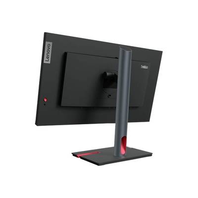 Ein schwarzer Lenovo-Monitor von hinten mit rotem Standfuß, zeigt keine sichtbaren Inhalte auf dem Bildschirm.