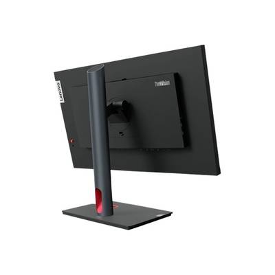 Ein schwarzer Lenovo-ThinkVision-Monitor von hinten, montiert auf einem Standfuß, zeigt einen minimalistischen, modernen Stil.