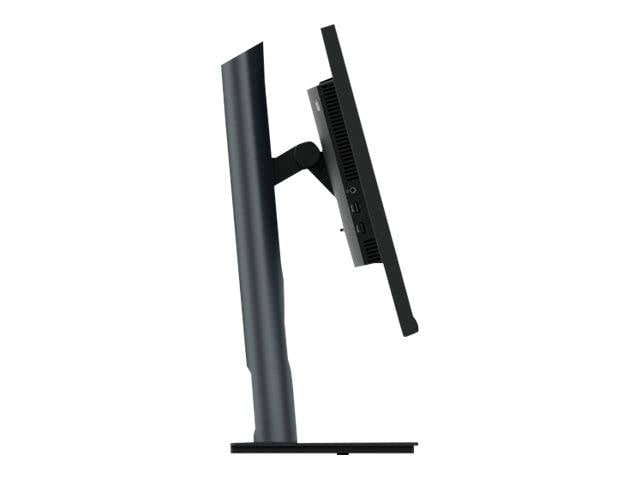 Ein seitliches Profil eines Monitors, der auf einer verstellbaren Halterung montiert ist, zeigt die Möglichkeit zur Höhen- und Neigungseinstellung.