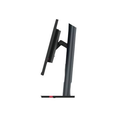 Ein moderner Computermonitor von der Seite, der auf einem verstellbaren Standfuß montiert ist. Der Bildschirm ist leicht nach hinten geneigt.