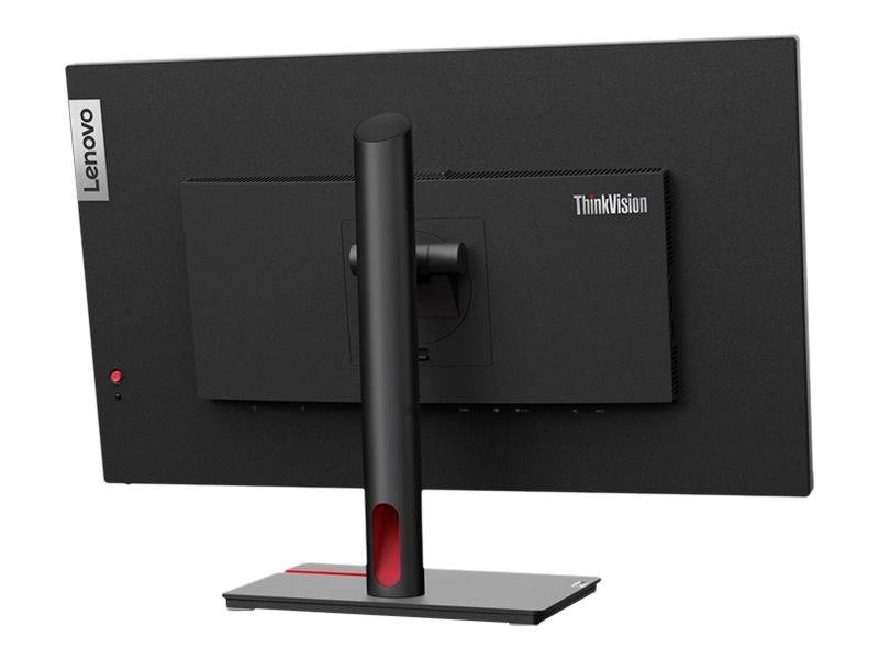Ein Lenovo ThinkVision Monitor von hinten. Hauptsächlich schwarz mit einem stabilen Ständer. Markenlogo und Modellname deutlich sichtbar.