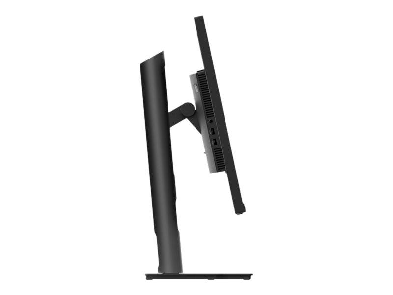 Seitenansicht eines schlanken Computerbildschirms mit verstellbarem Ständer, der mehrere Anschlüsse zeigt.