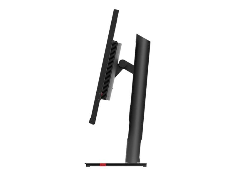 Seitenansicht eines schwarzen Computermonitors mit verstellbarem Standfuß, der vertikal geneigt ist.