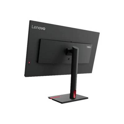 Rückansicht eines Lenovo-Monitors mit schwarzem Standfuß, rotem Akzent am Fuß und einem schwenkbaren Scharnier.
