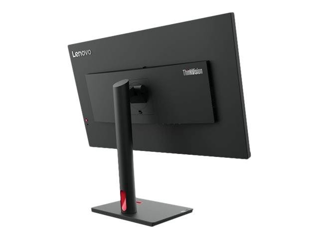 'Rückansicht eines Lenovo ThinkVision Computermonitors mit schwarzem Rahmen und rechteckigem Standfuß.'