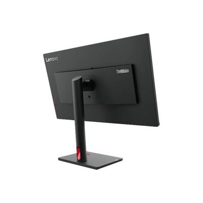'Rückansicht eines Lenovo ThinkVision Computermonitors mit schwarzem Rahmen und rechteckigem Standfuß.'