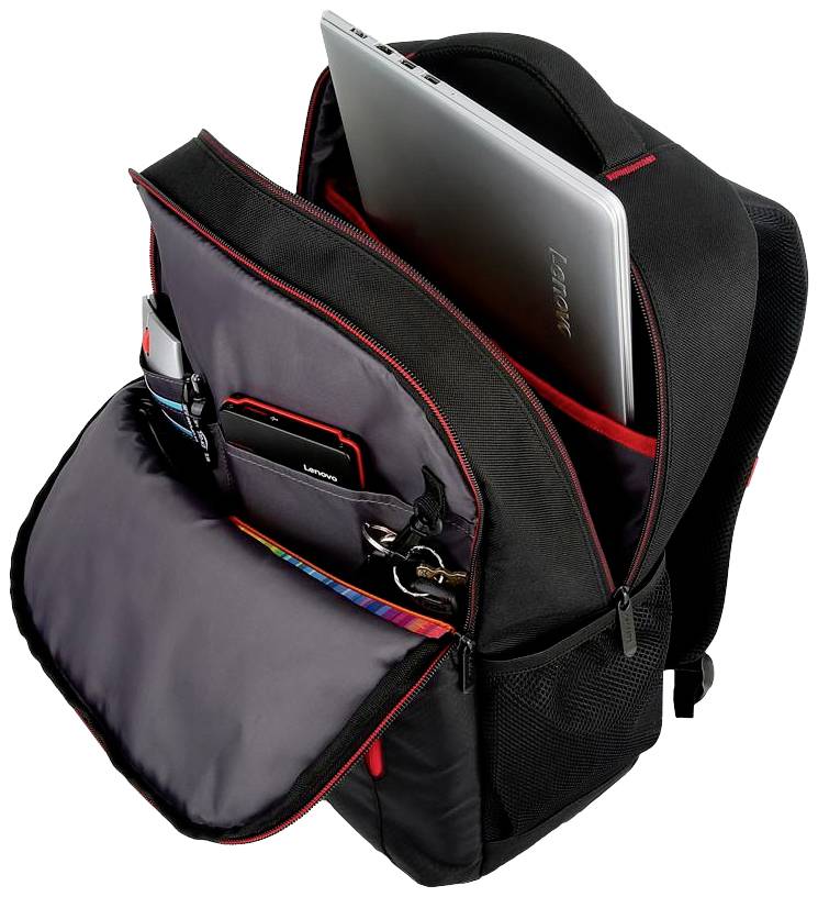 Ein geöffneter schwarzer Rucksack zeigt ein Laptop, ein Notizbuch, Stifte und ein Smartphone in verschiedenen Fächern.
