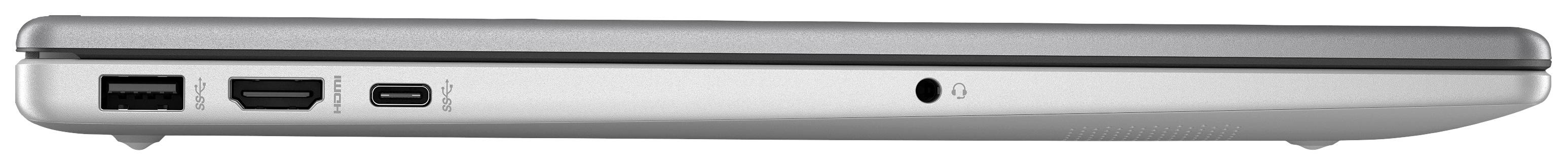 Ein geschlossenes Laptop von der Seite, zeigt USB-Anschlüsse und Audiobuchse auf einer flachen, silbernen Oberfläche.