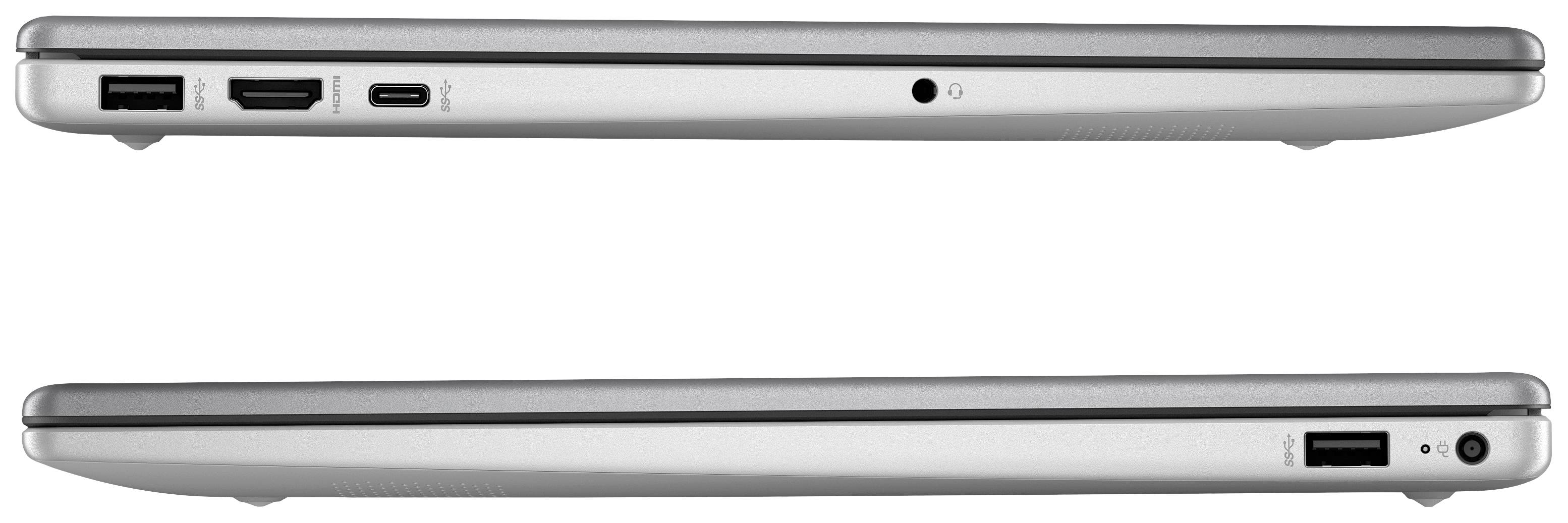 Seitenansicht eines Laptops, der verschiedene Anschlüsse zeigt: USB, HDMI, USB-C und eine Audiobuchse links; ein USB-Anschluss rechts.