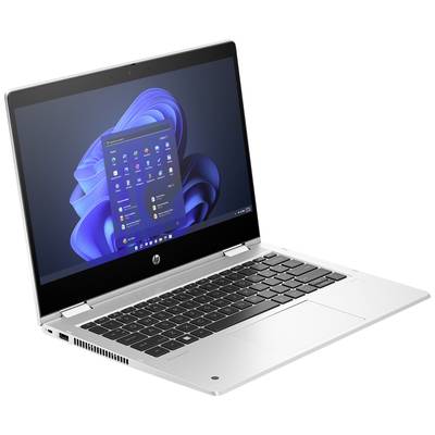 Ein silberner Laptop mit geöffnetem Bildschirm zeigt Windows 11-Oberfläche. Das Gerät hat eine flache Tastatur und bietet eine klare Anzeige.