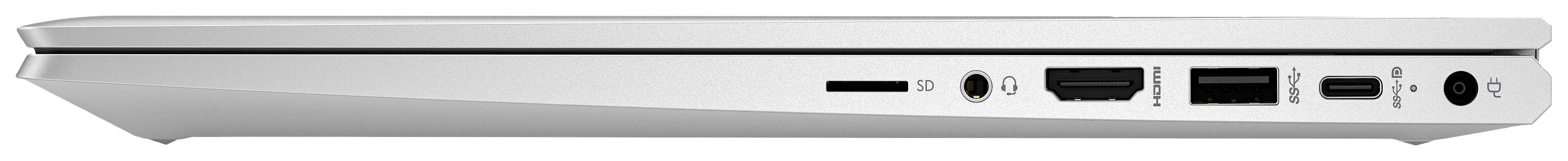 Silberner Laptop von der Seite, zeigt verschiedene Anschlüsse wie USB, HDMI und Audio.