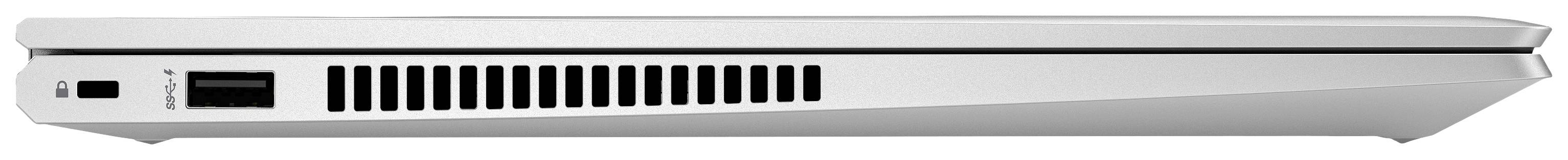 Der Seitenteil eines geschlossenen Laptops ist zu sehen, mit Lüftungsschlitzen und einem USB-Anschluss.