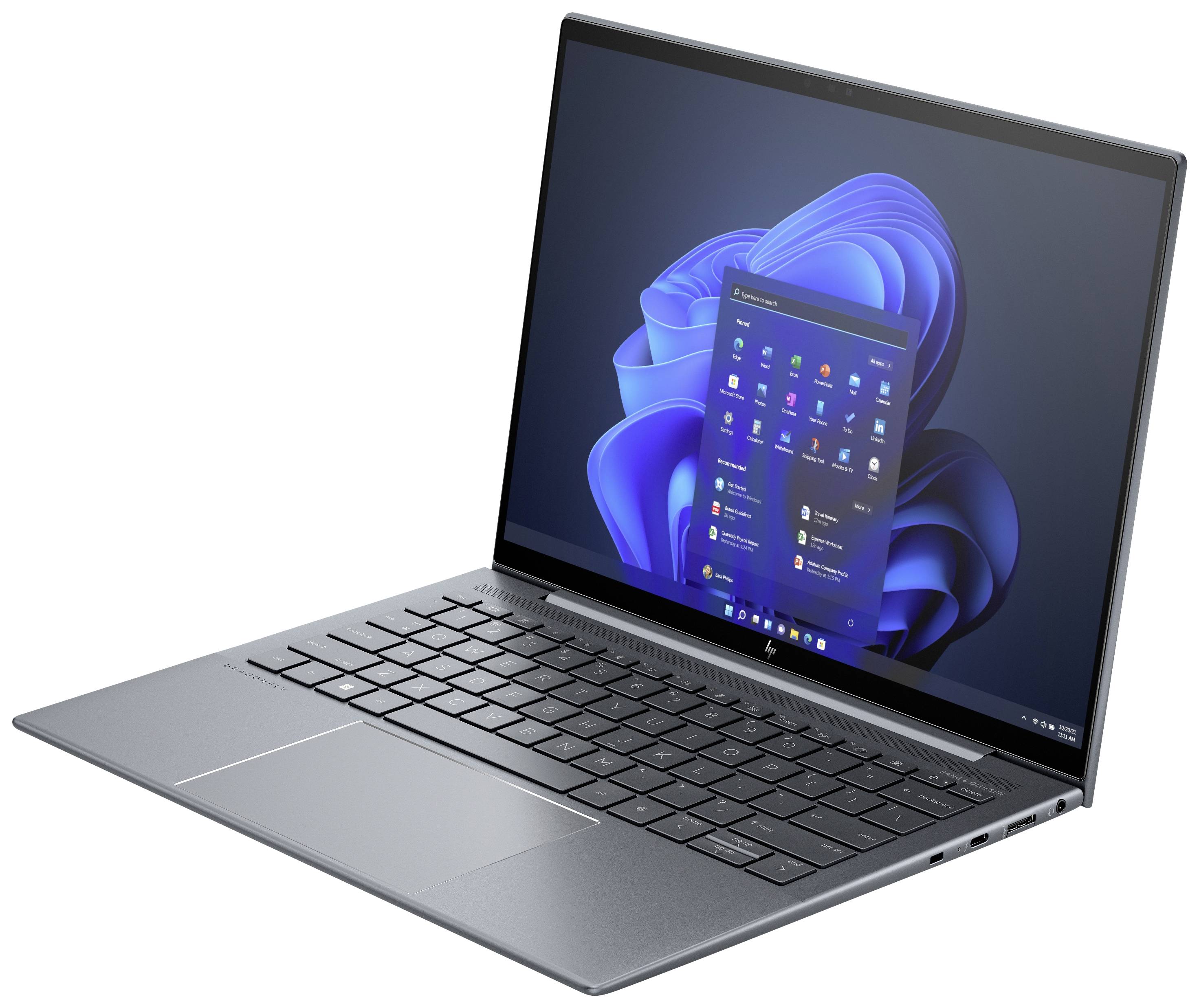 Ein moderner Laptop mit geöffneter Windows-Benutzeroberfläche auf dem Bildschirm. Das Gerät ist dünn und elegant gestaltet.