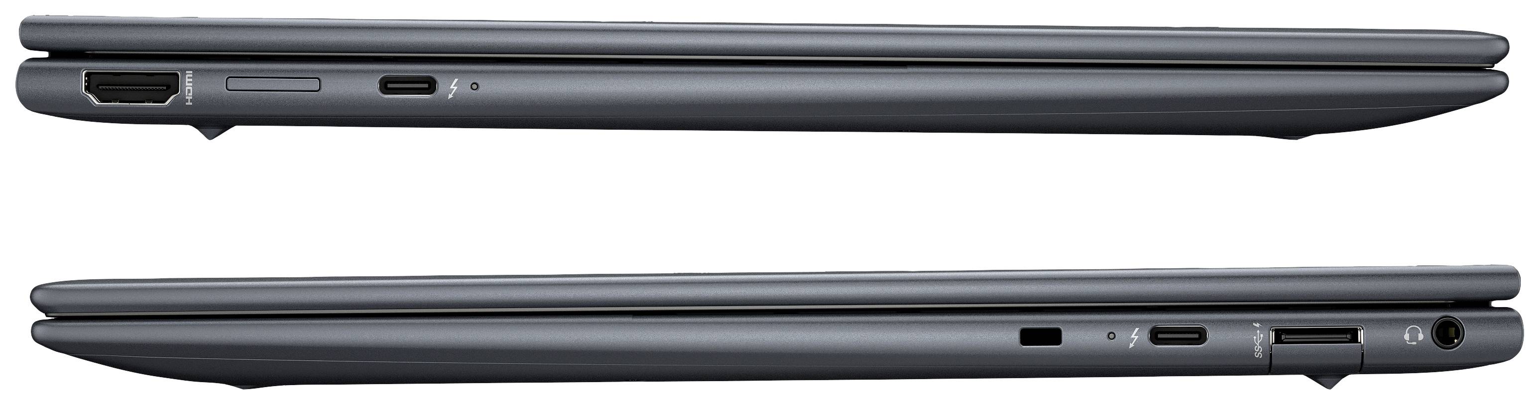 Zwei aufgeklappte Laptops im Profil, die jeweils verschiedenen Anschlüsse an der linken und rechten Seite zeigen.