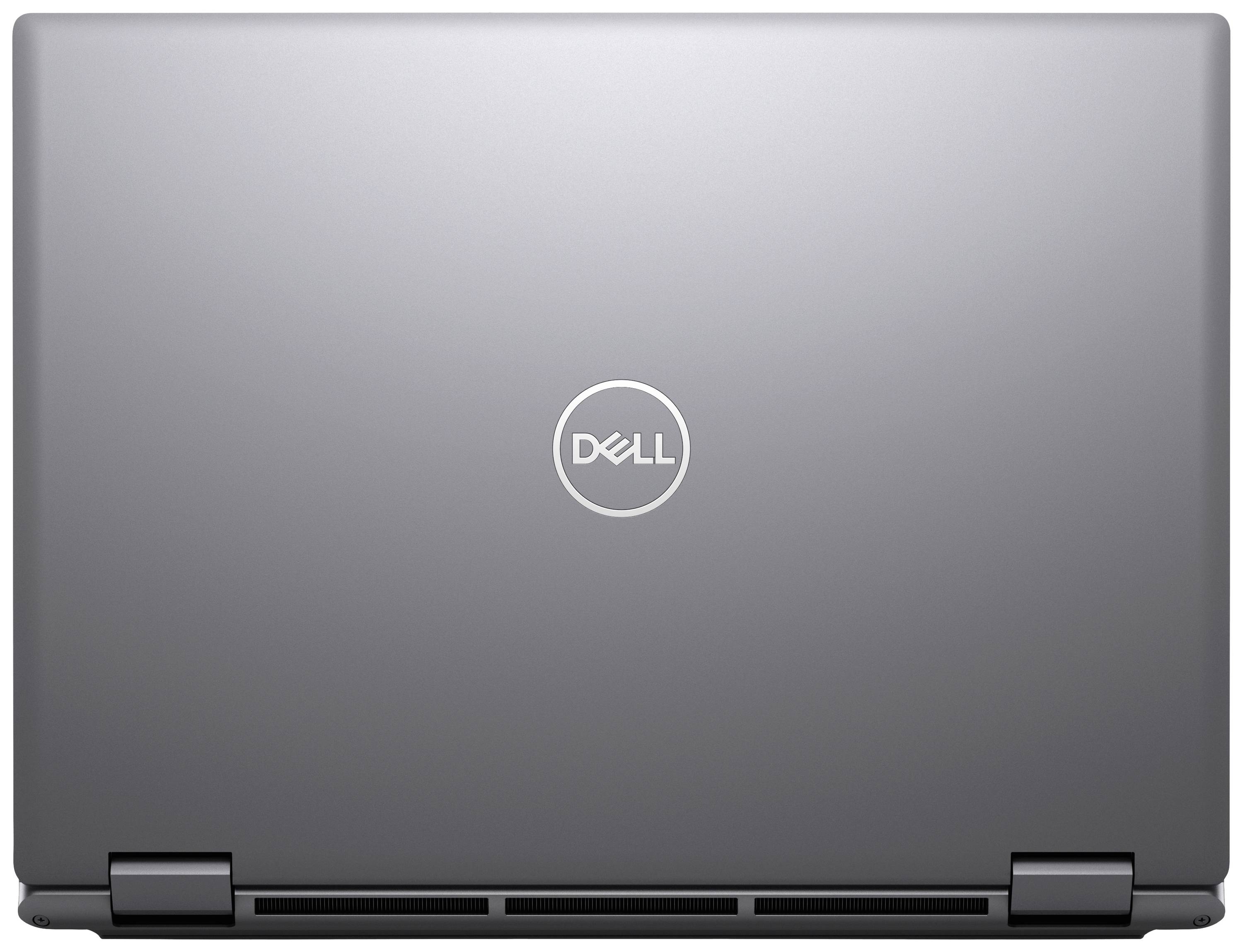 Grauer Laptop von Dell, geschlossen, Ansicht von oben, Logo in der Mitte sichtbar.