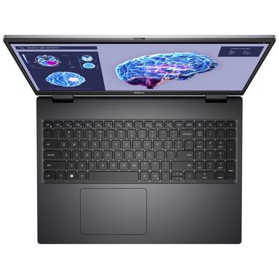 Laptop-Ansicht von oben; auf dem Bildschirm ein Diagramm eines Gehirns mit leuchtenden Farben, das möglicherweise ein wissenschaftliches oder medizinisches Thema darstellt.