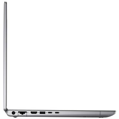 Seitliche Ansicht eines geöffneten Laptops in Silber. Zu sehen sind verschiedene Anschlüsse wie HDMI, USB und Audio.