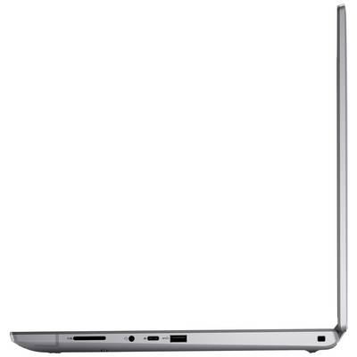 Silberner Laptop seitlich dargestellt, halb geöffnet. Ports und Anschlüsse sichtbar. Flaches, modernes Design erkennbar.