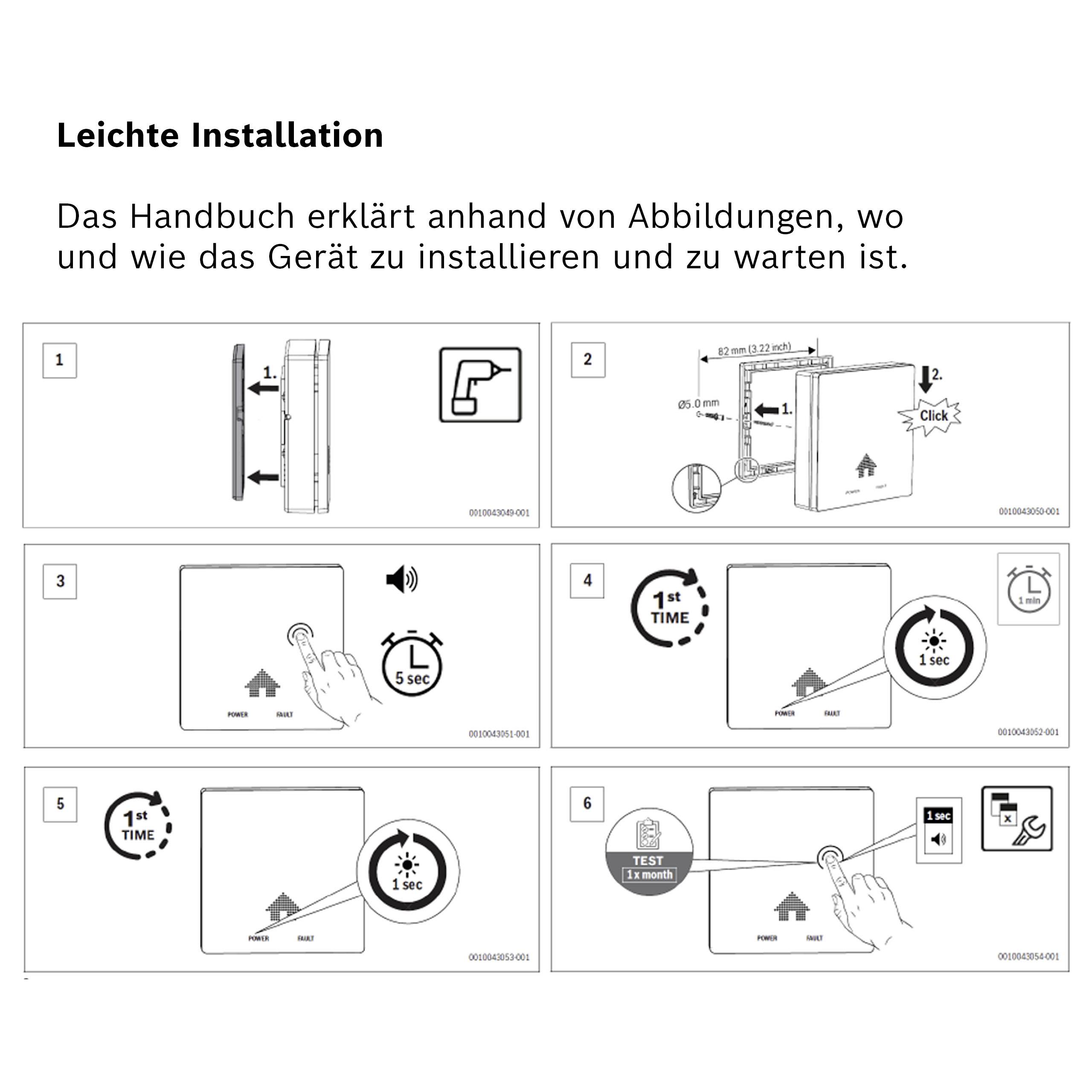 'Leichte Installation': Sechs Abbildungen zeigen Schritt-für-Schritt-Anleitungen zur Montage und Wartung eines Geräts inklusive Bild- und Textbeschreibungen.
